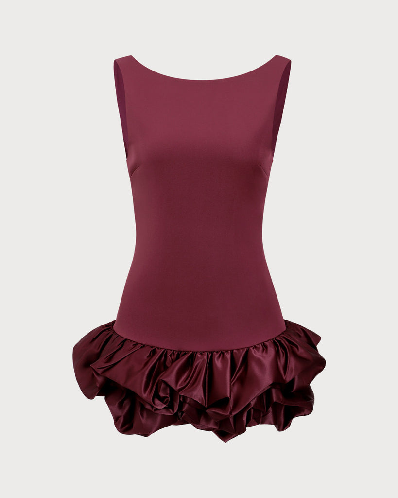 Wine Red Boat Neck Satin Mini Dress