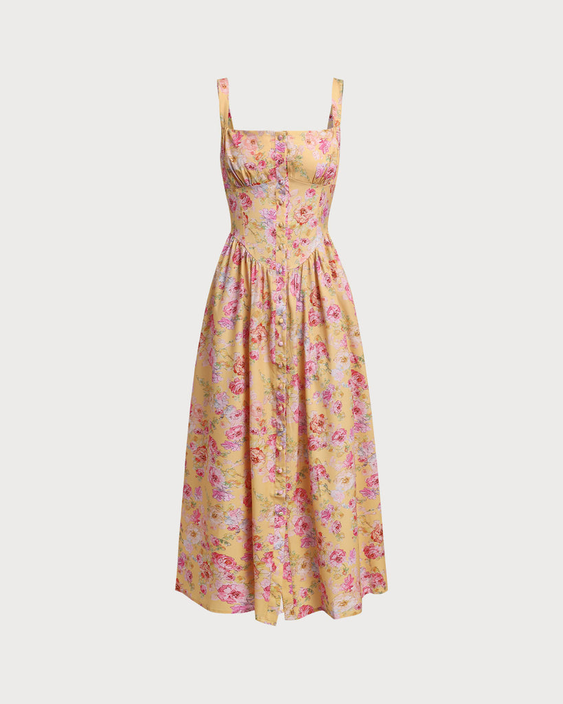 Yellow Floral Square Neck Pocket Midi Dress