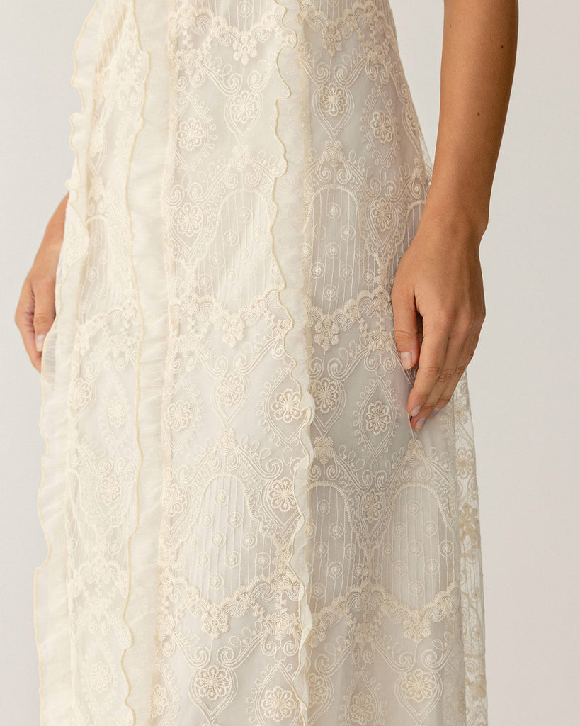 Apricot Textured Lace Slip Maxi Dresses