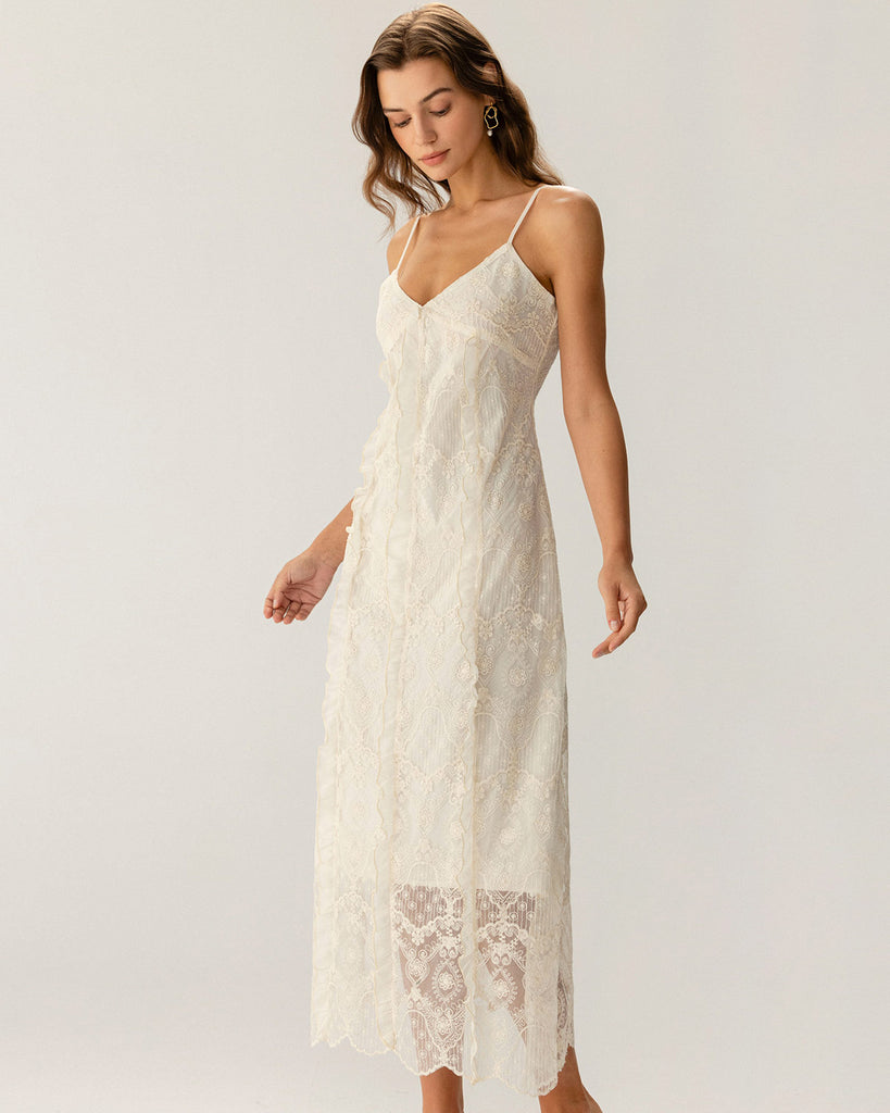 Apricot Textured Lace Slip Maxi Dresses