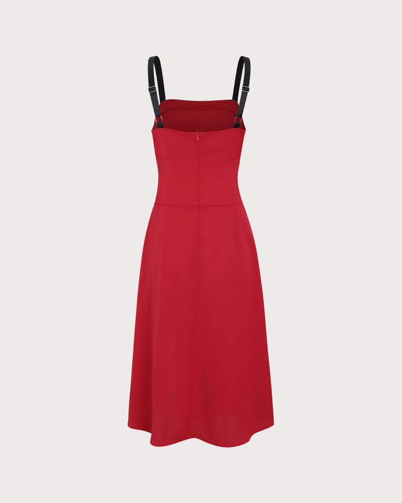 Red Contrast Slit Slip Midi Dress