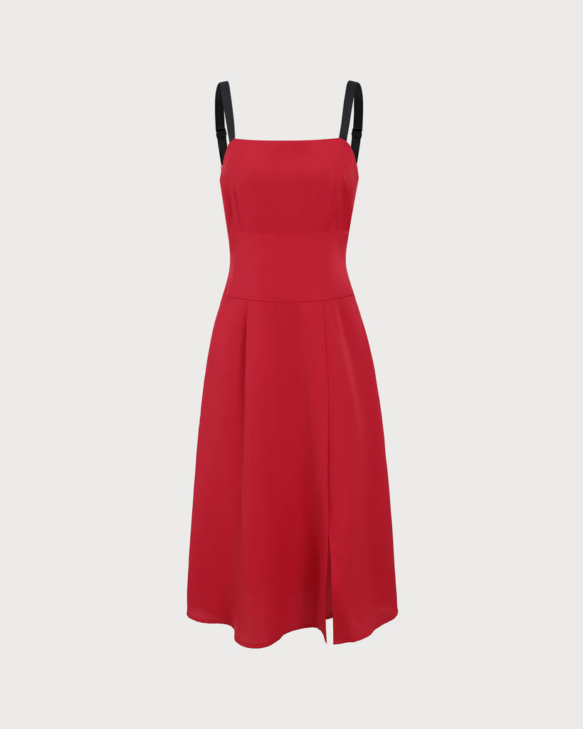 Red Contrast Slit Slip Midi Dress