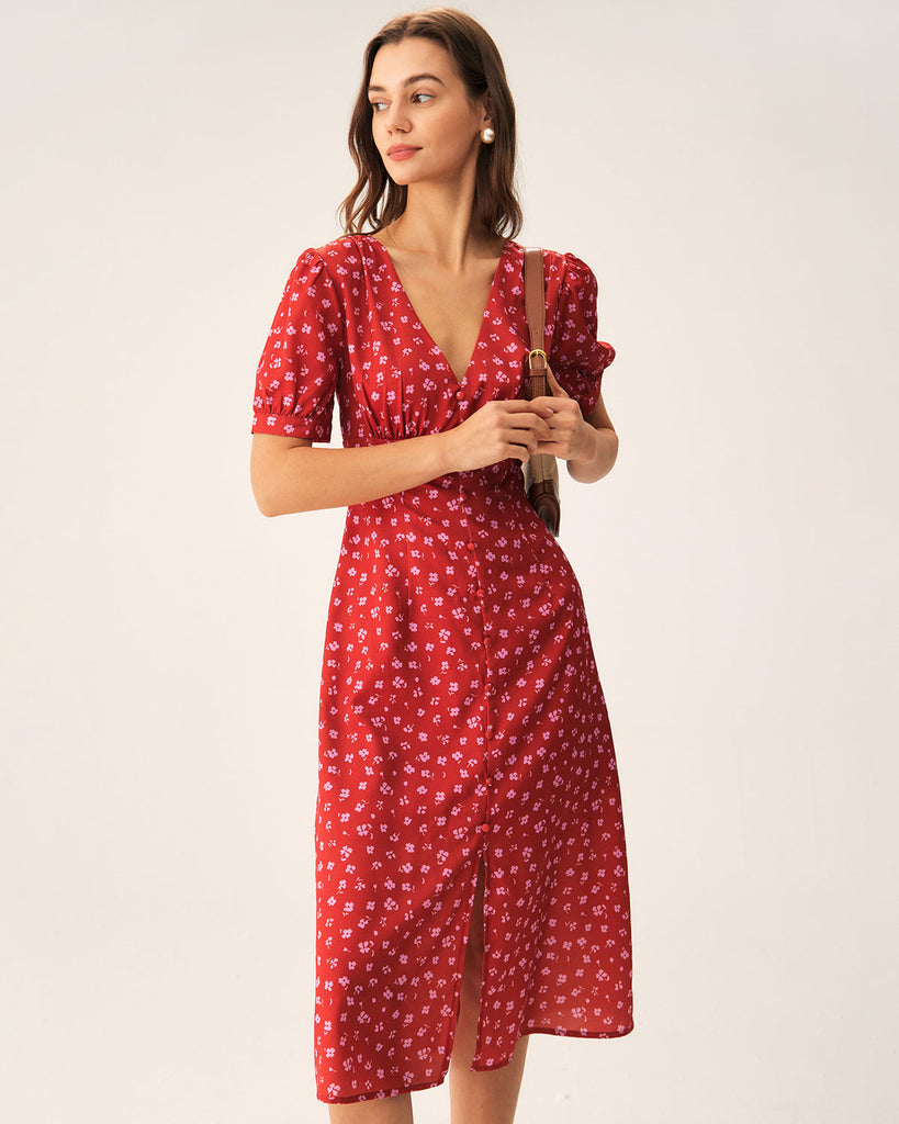 Red Polka Dot Ruched Midi Dress