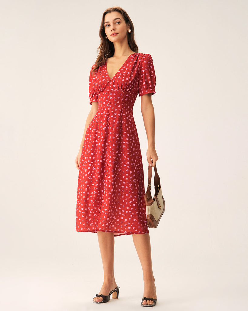 Red Polka Dot Ruched Midi Dress