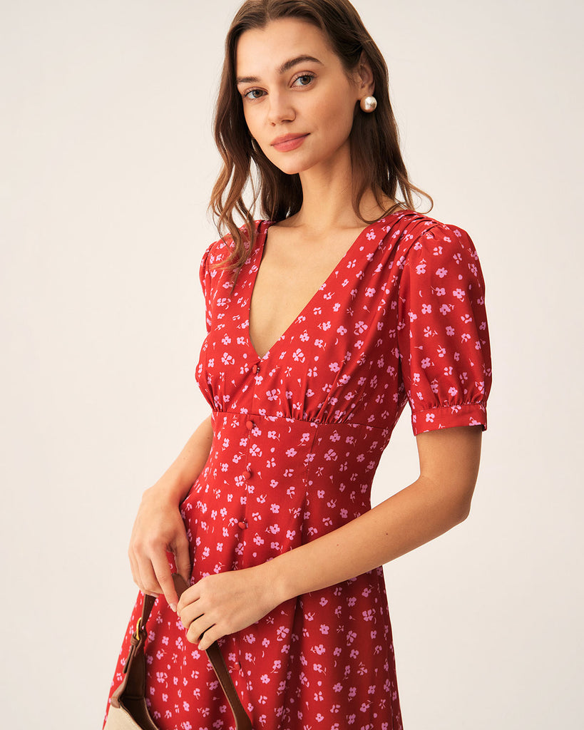 Red Polka Dot Ruched Midi Dress