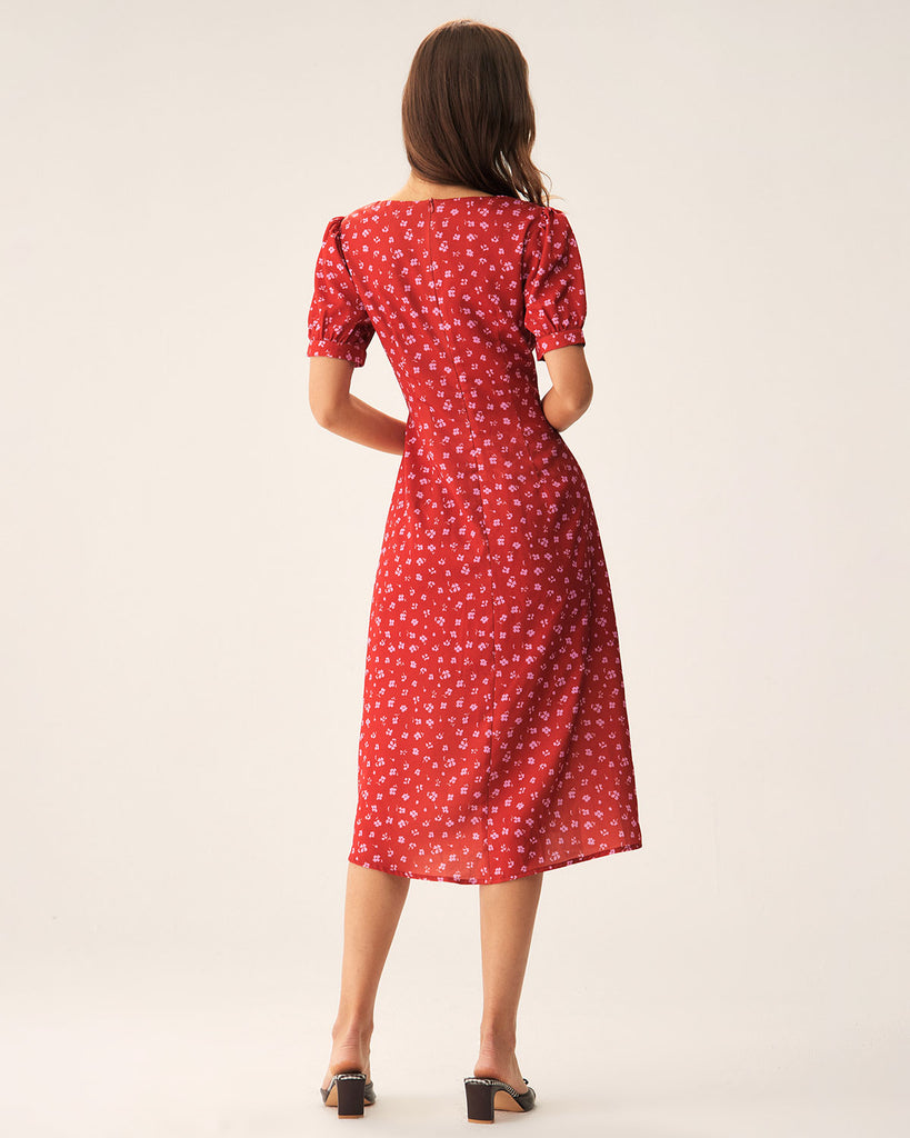 Red Polka Dot Ruched Midi Dress