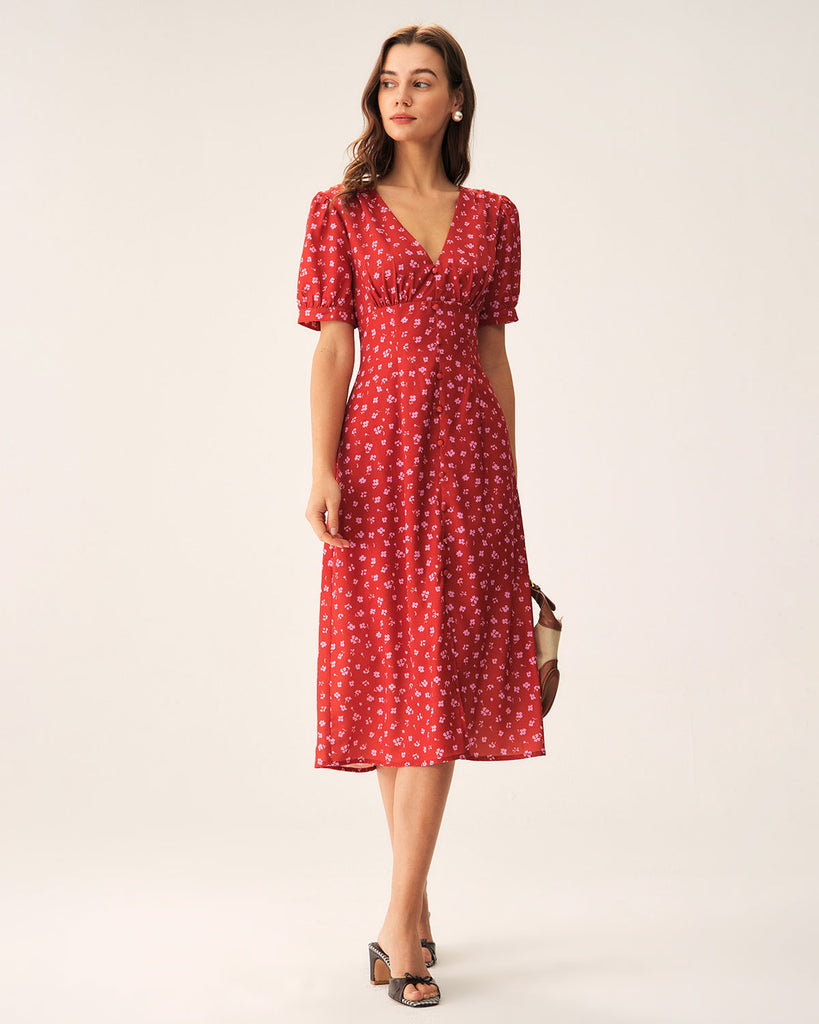 Red Polka Dot Ruched Midi Dress