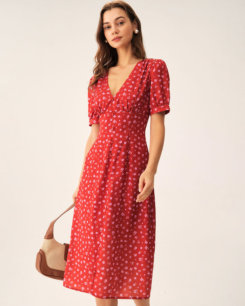 Red Polka Dot Ruched Midi Dress