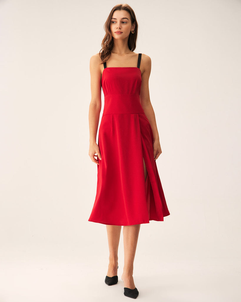 Red Contrast Slit Slip Midi Dress