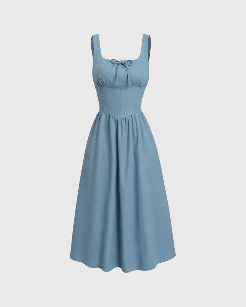 Blue U Neck Ruched Slip Midi Dresses