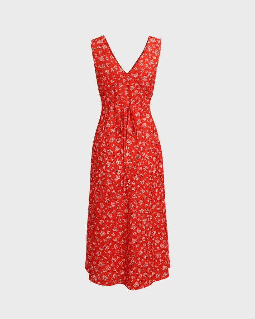 Red Floral V-Neck Wrap Midi Dress - RIHOAS