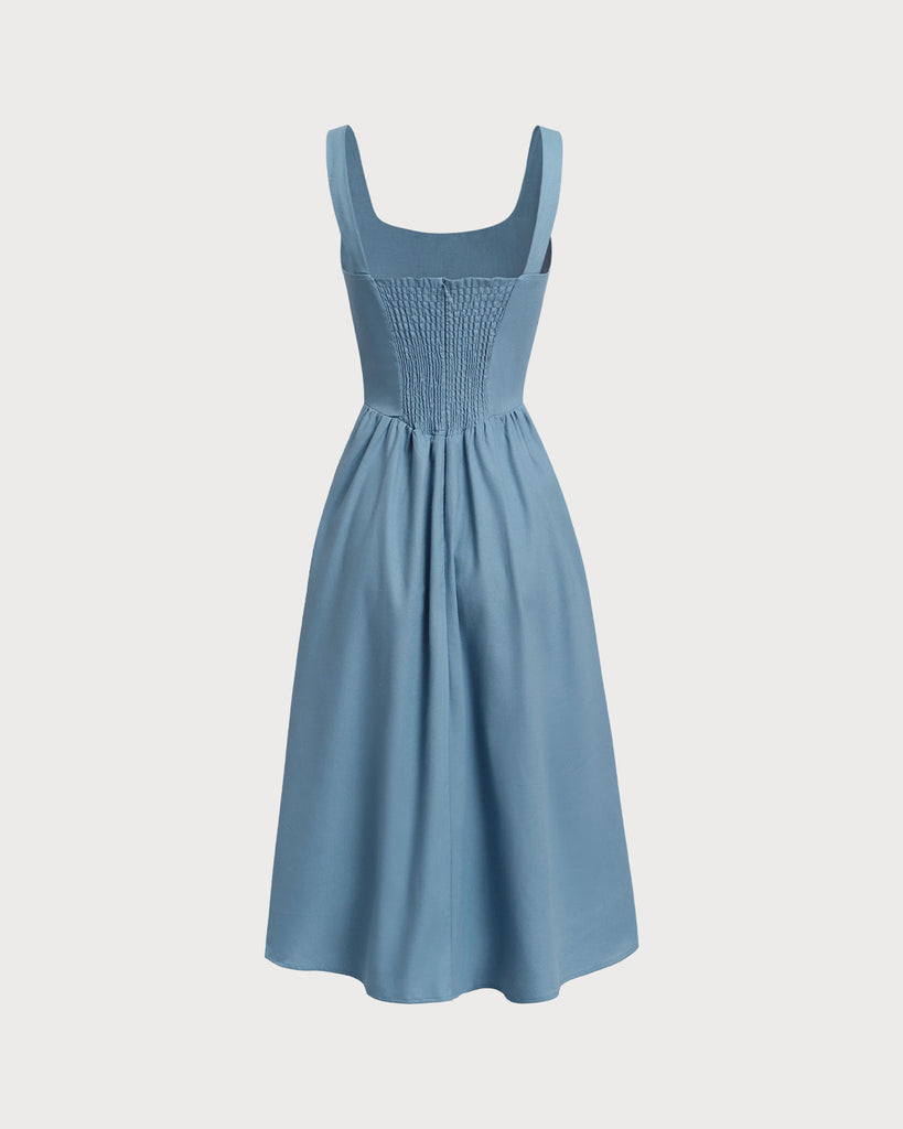 Blue U Neck Ruched Slip Midi Dresses