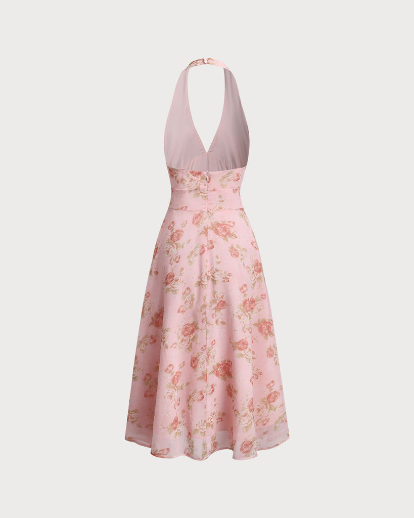 Pink Floral Halter Backless Midi Dress - RIHOAS