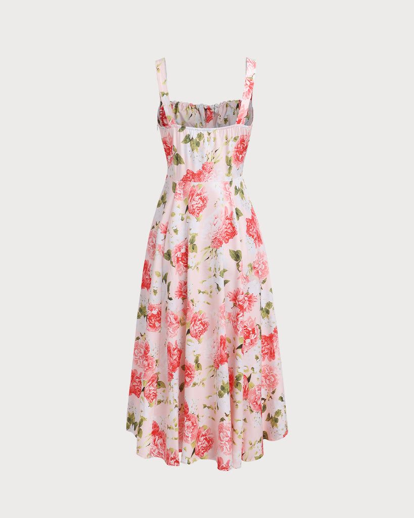 Pink Floral Square Neck Slit Slip Midi Dress