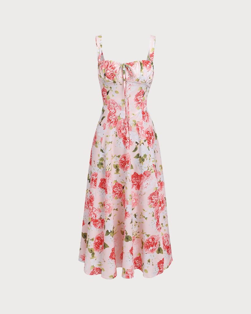 Pink Floral Square Neck Slit Slip Midi Dress