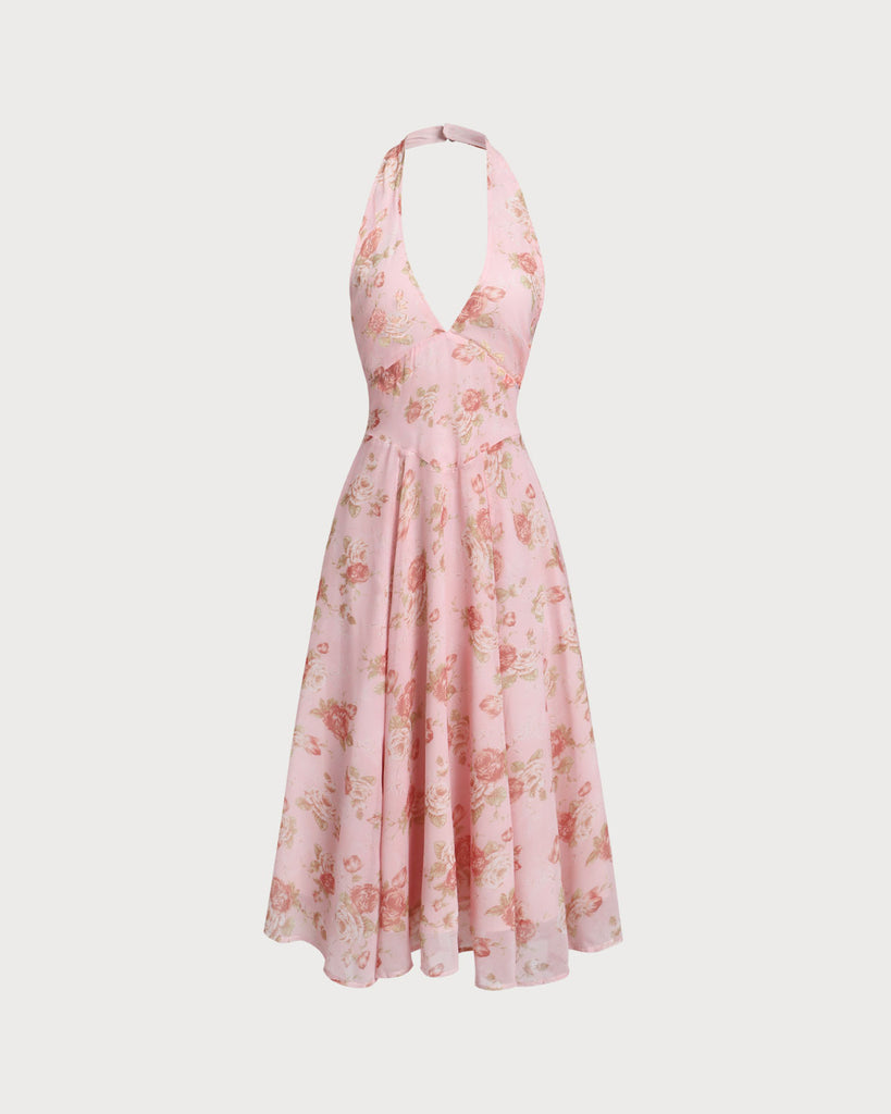 Pink Floral Halter Backless Midi Dress - RIHOAS