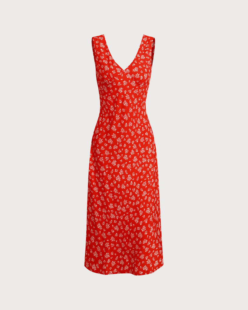 Red Floral V-Neck Wrap Midi Dress - RIHOAS