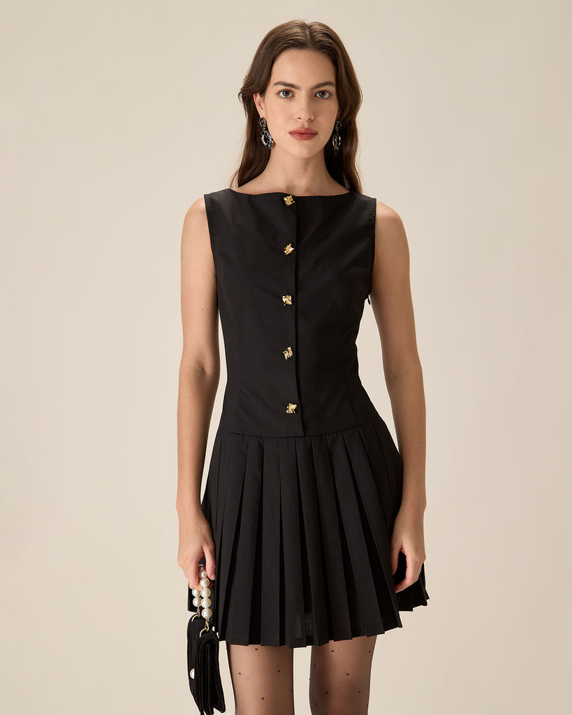 Black Boat Neck Pleated Mini Dress