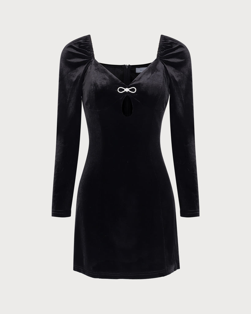 Women's Black Puffed Sleeve Velvet Mini Dress