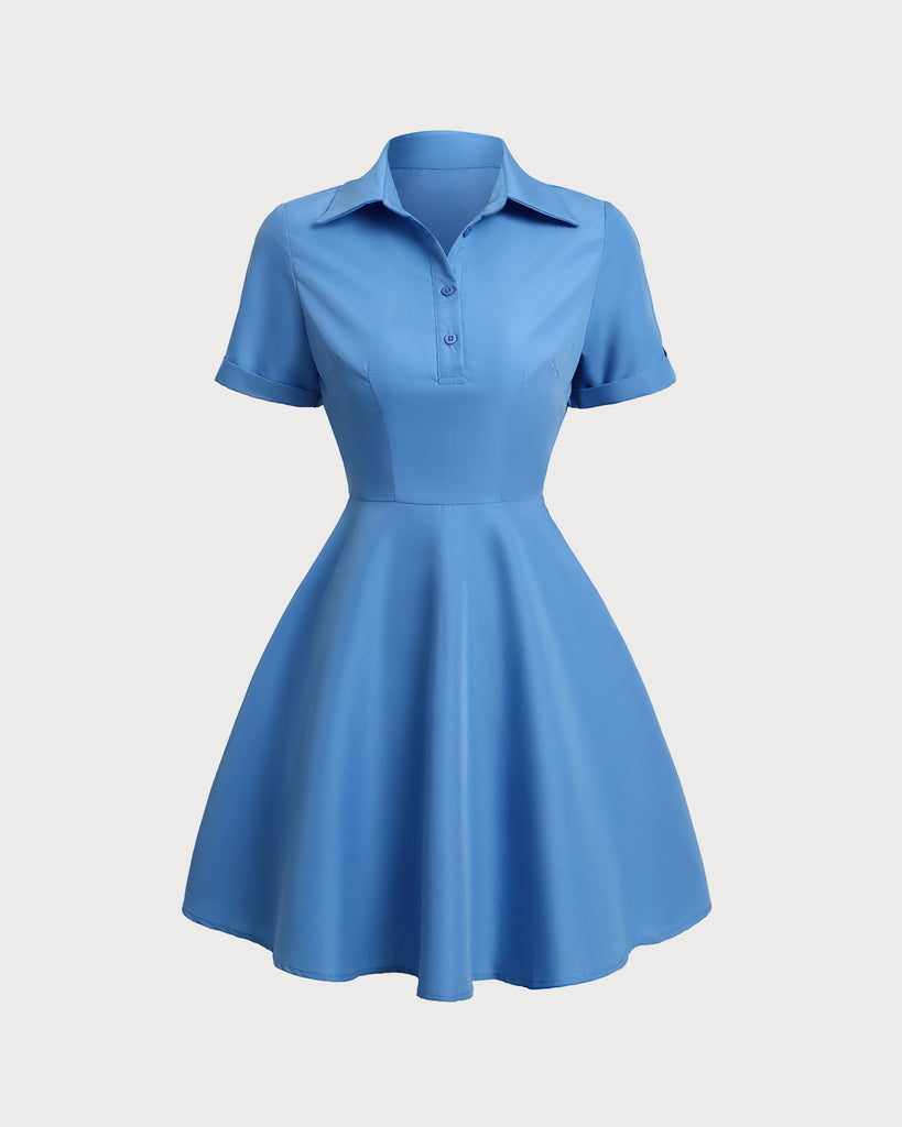 Blue Button Pleated Mini Dress - RIHOAS