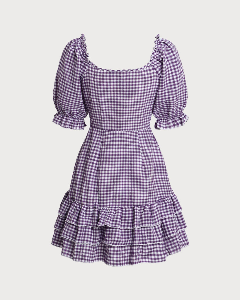 Purple Plaid Puffed Sleeve Button Mini Dress  - RIHOAS