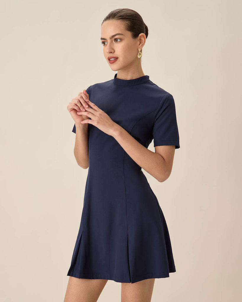 Blue Mock Neck Pleated Mini Dress