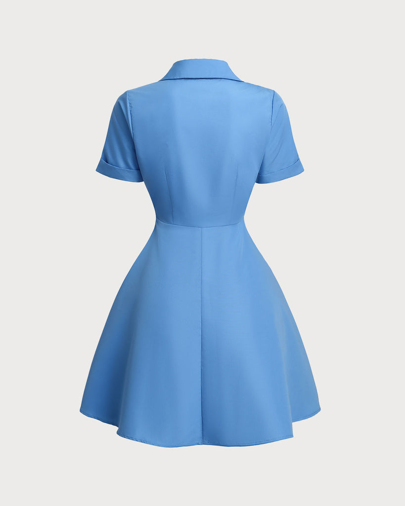 Blue Button Pleated Mini Dress - RIHOAS