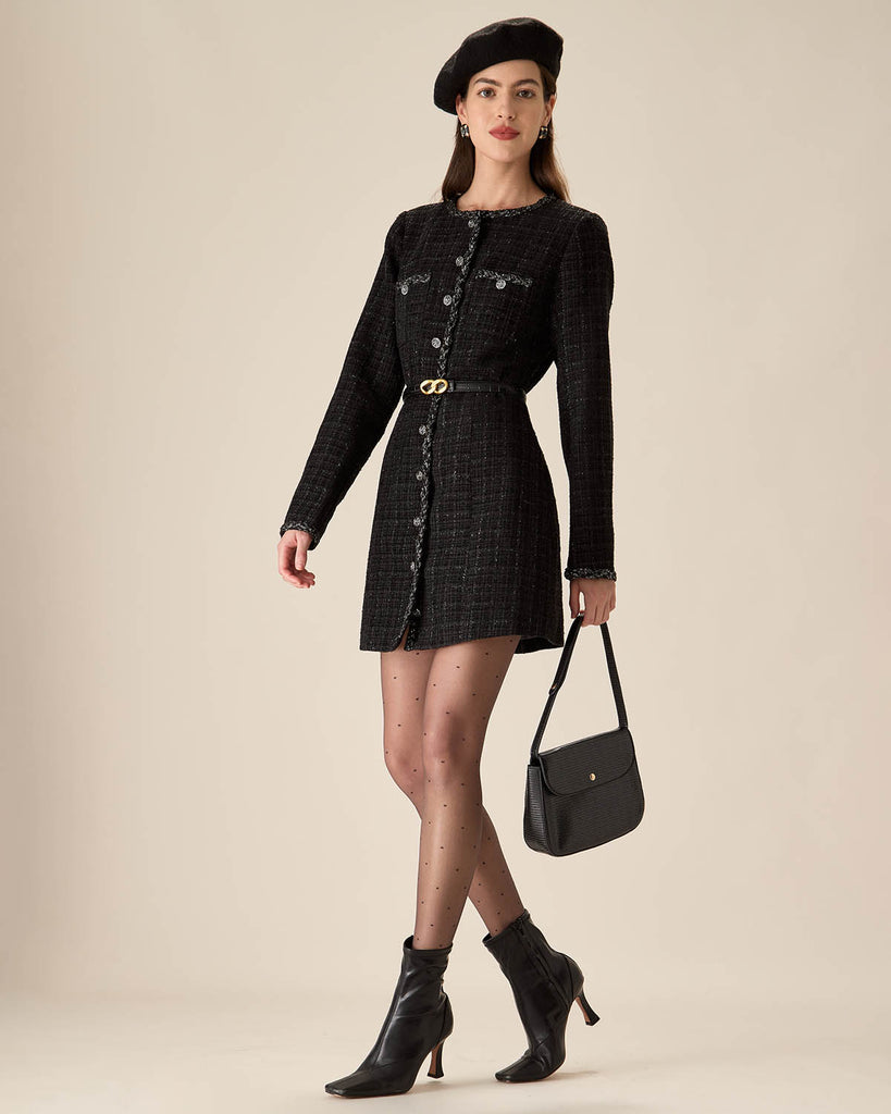 Black Tweed Pocket Mini Dress