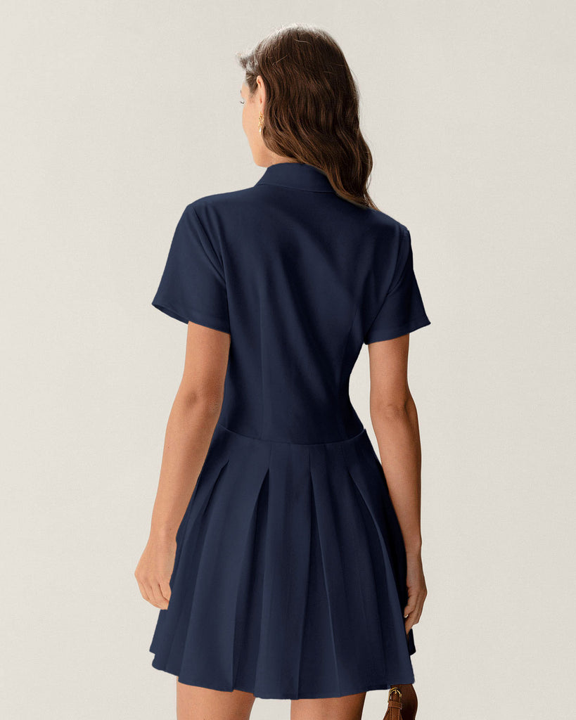 Navy Button Pleated Mini Dress- RIHOAS