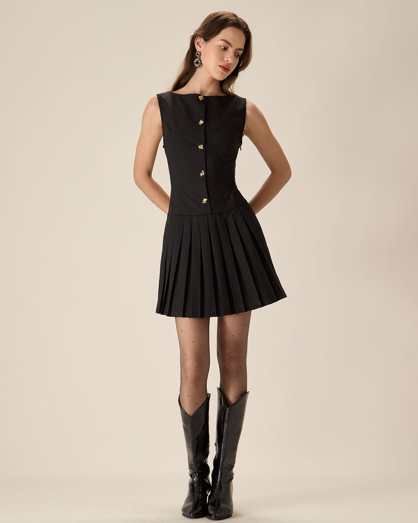 Black Boat Neck Pleated Mini Dress