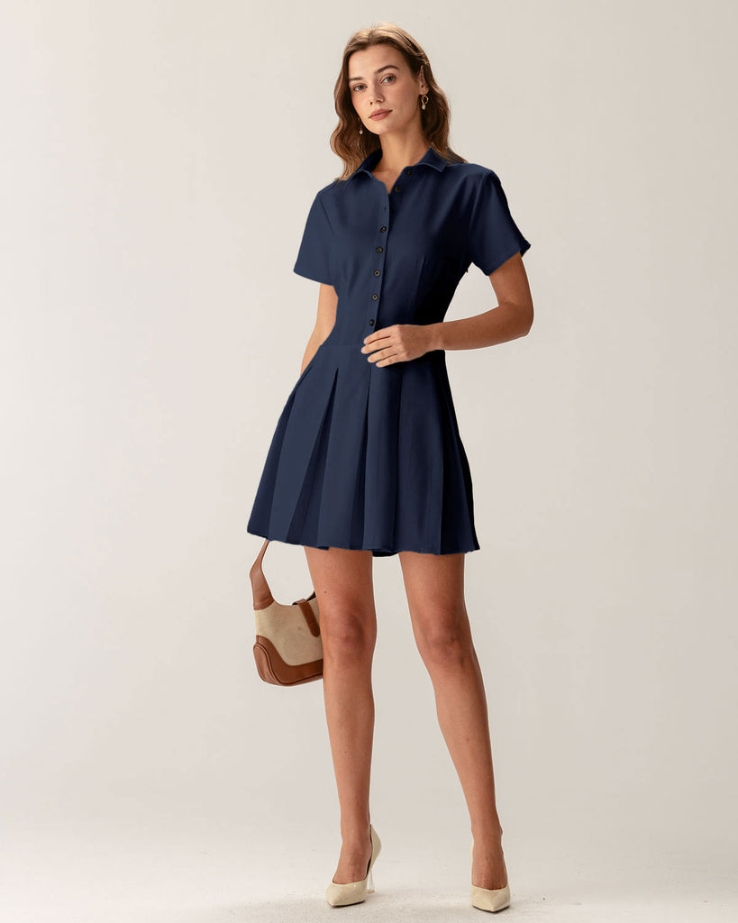 Navy Button Pleated Mini Dress - RIHOAS