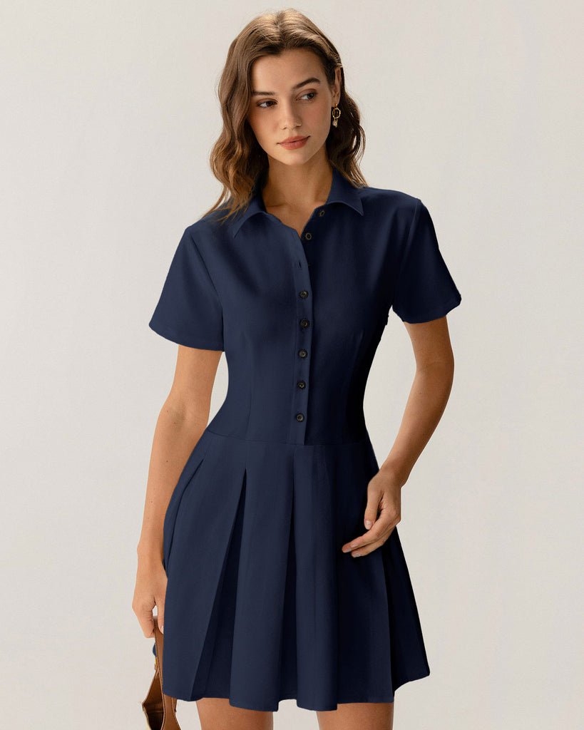 Navy Button Pleated Mini Dress - RIHOAS