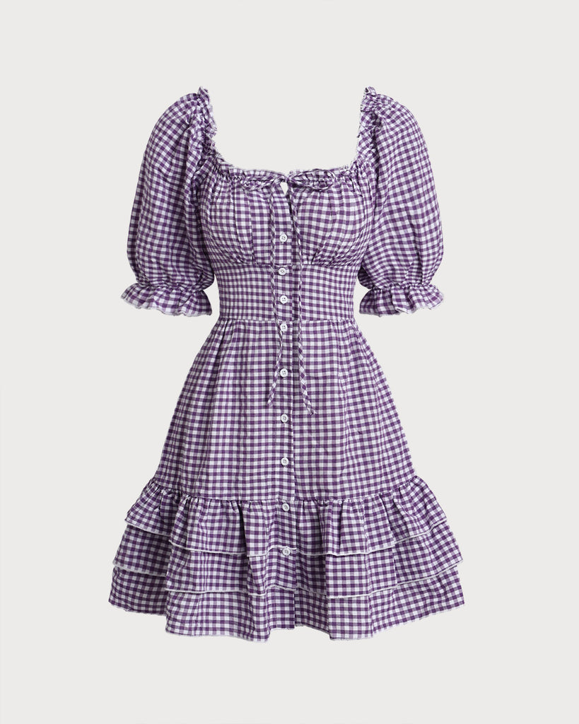 Purple Plaid Puffed Sleeve Button Mini Dress  - RIHOAS