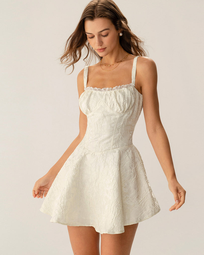 White Jacquard Ruched Slip Mini Dress