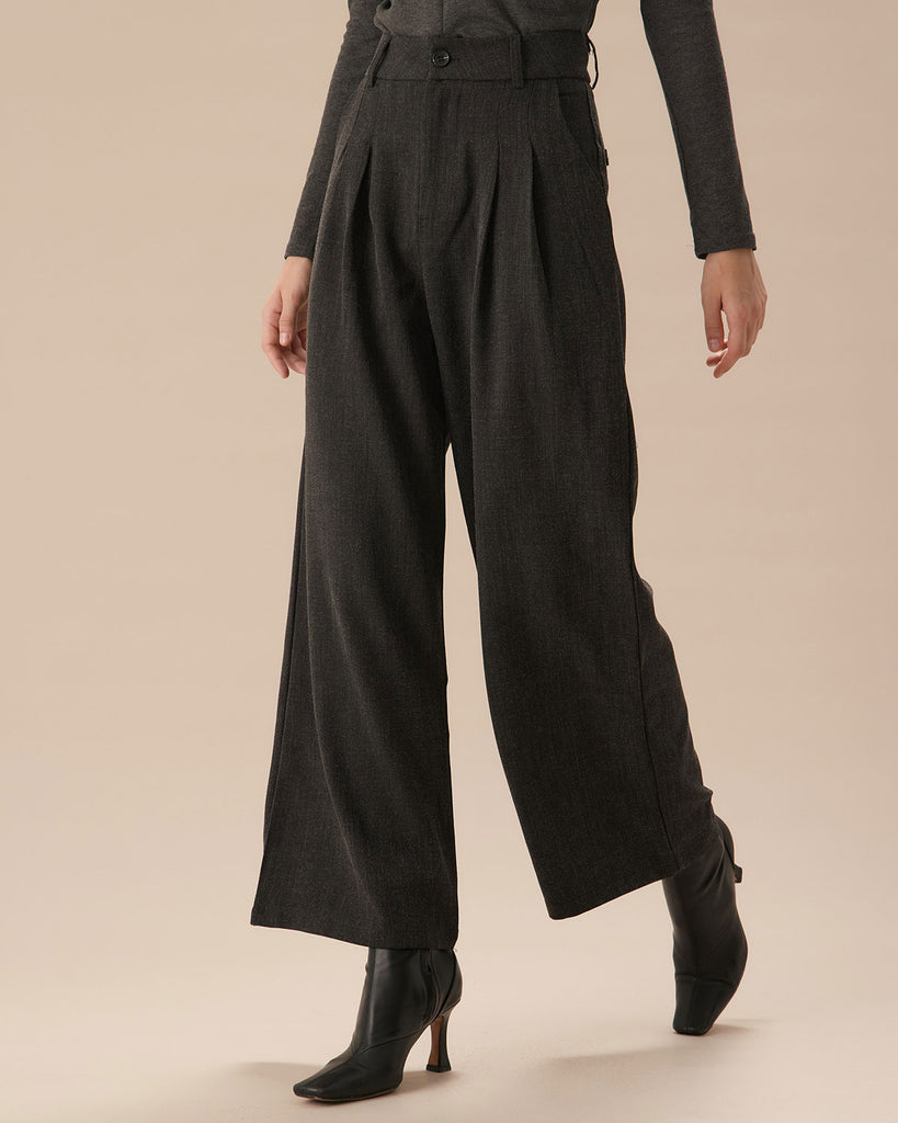 Women's Grey Pleated Straight Wide-Leg Pants