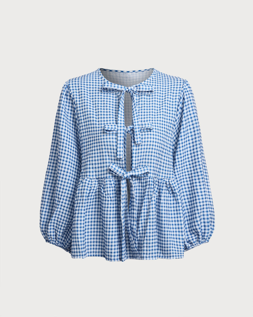 Blue Plaid Round Neck Bowknot Blouse