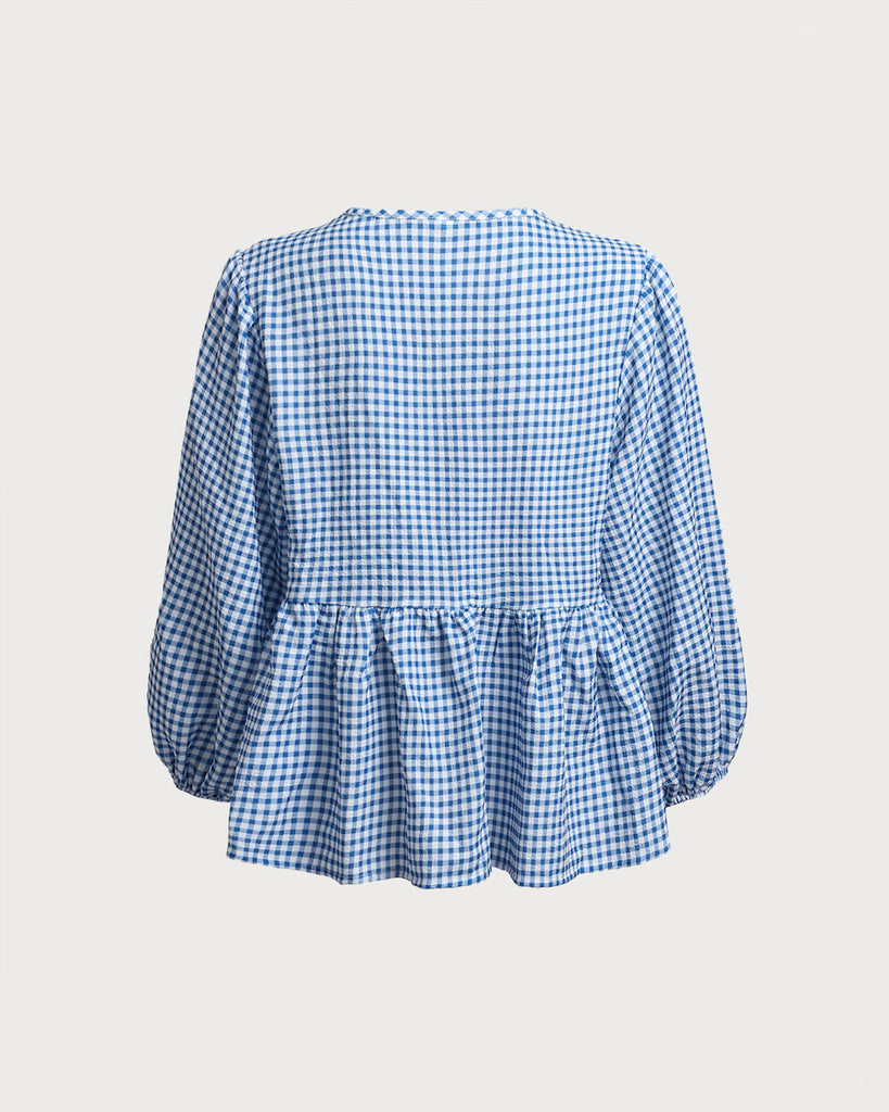 Blue Plaid Round Neck Bowknot Blouse