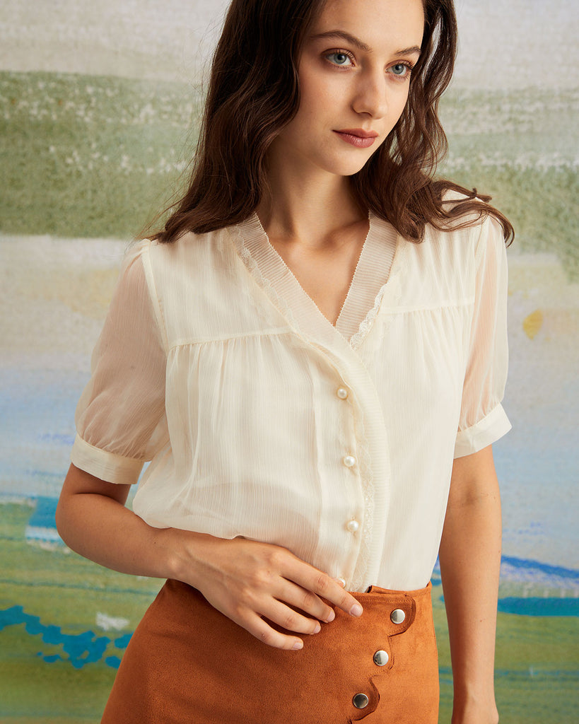 Apricot V Neck Button Sheer Blouse - RIHOAS