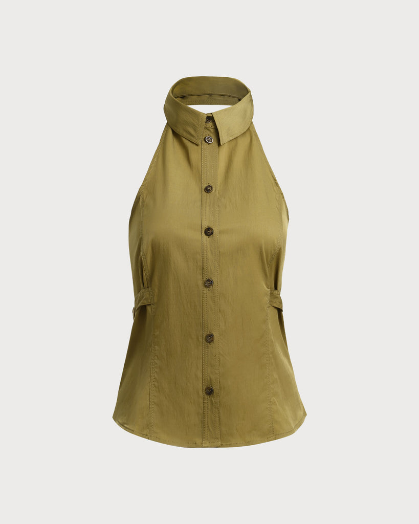 Green Backless Halter Button Blouse - RIHOAS