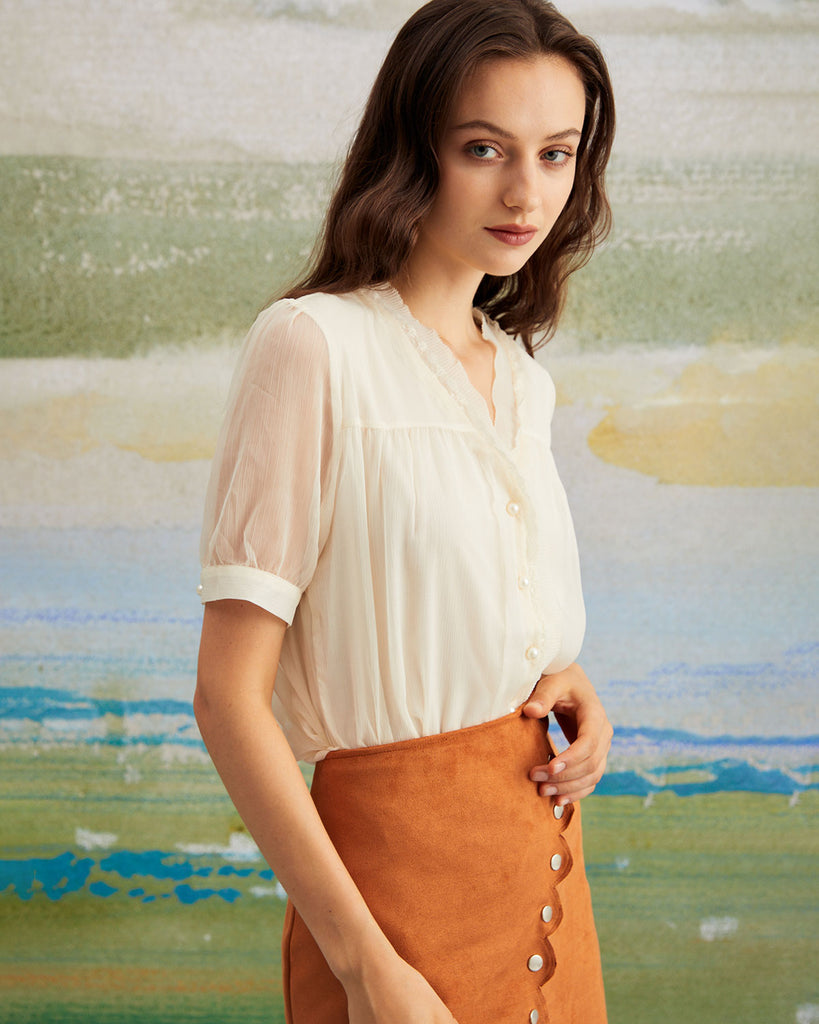 Apricot V Neck Button Sheer Blouse - RIHOAS