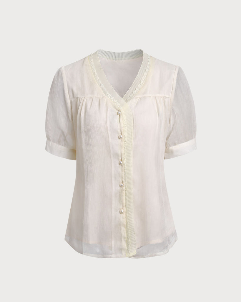 Apricot V Neck Button Sheer Blouse - RIHOAS