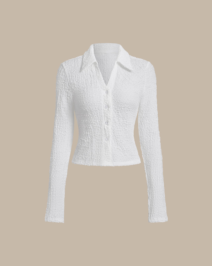 White Textured Button Cropped Shirt   - RIHOAS