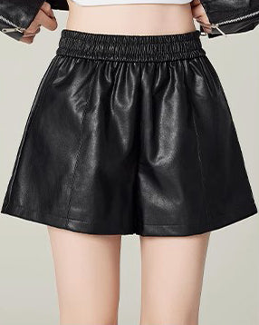 Women's Black Elastic Waisted PU Shorts