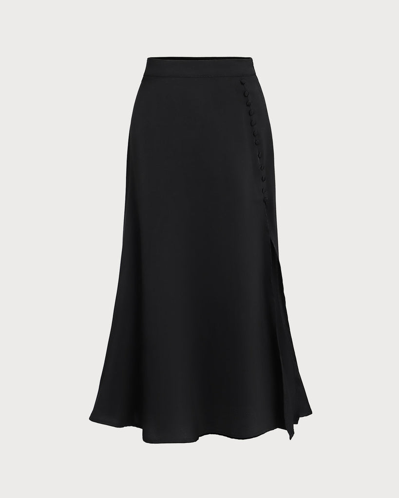 Black High Waisted Slit Wrap Midi Skirt  - RIHOAS