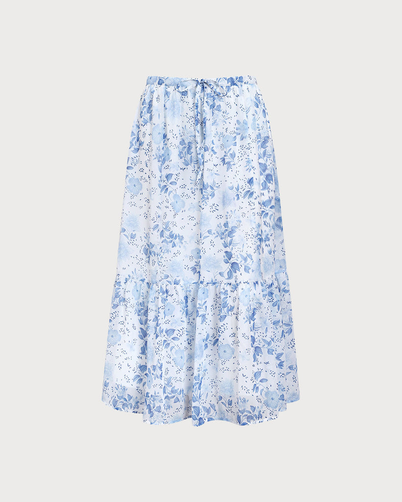 Blue Floral Flared Midi Skirt