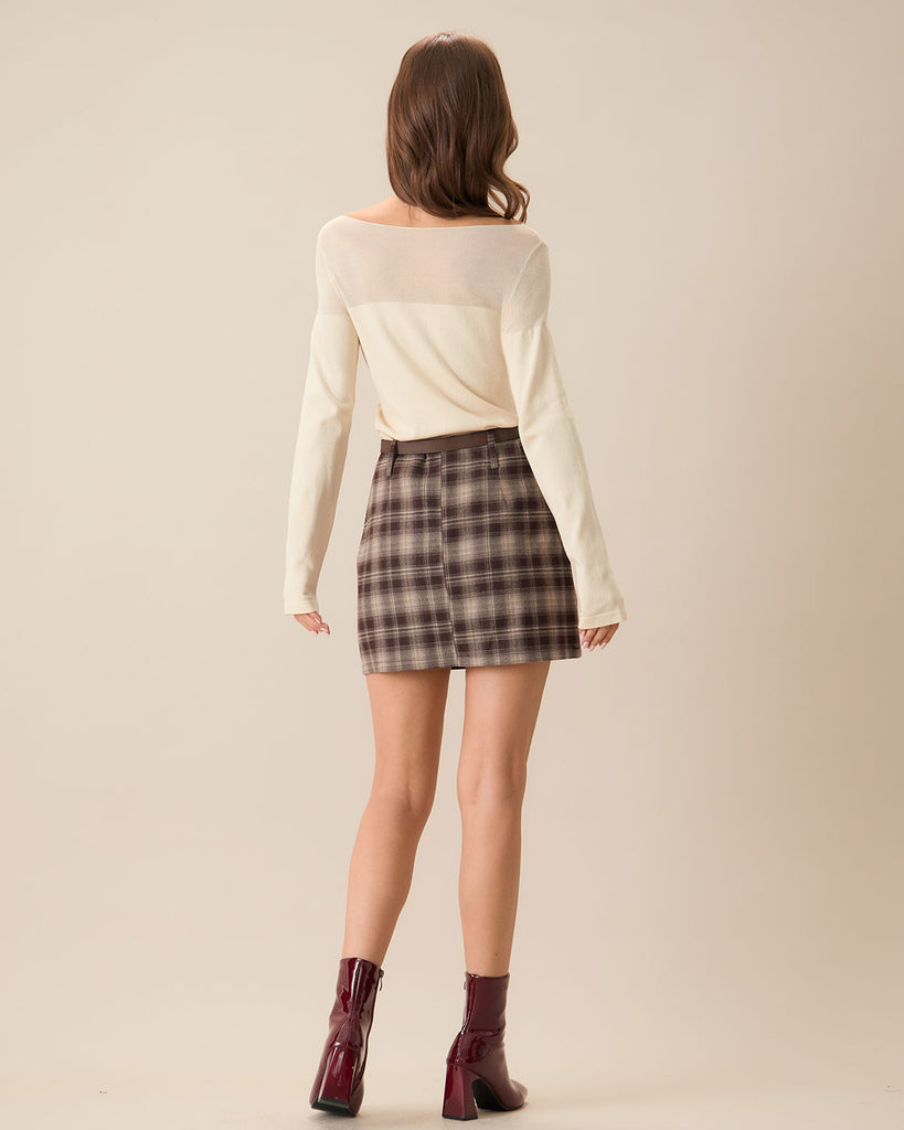 Women's Brown Plaid Straight Mini Skirt