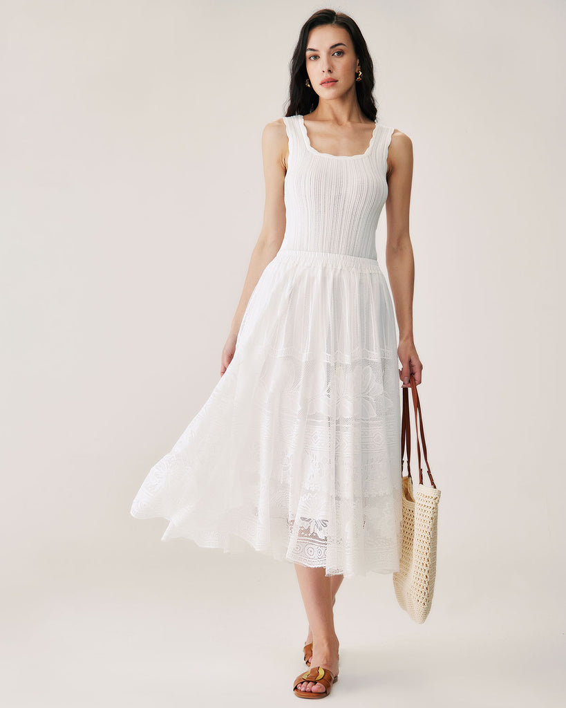 White Lace Elastic Waist Midi Skirt