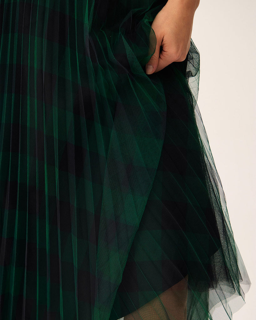 Green Mesh Pleated Midi Skirt