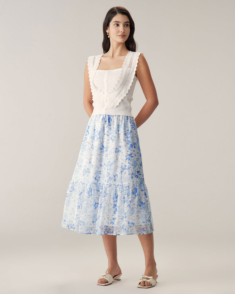 Blue Floral Flared Midi Skirt