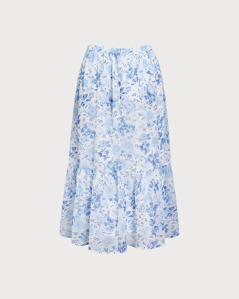 Blue Floral Flared Midi Skirt